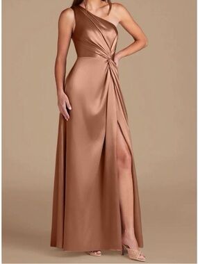 Azazie Brooke Brown Satin One Shoulder Maxi Dress